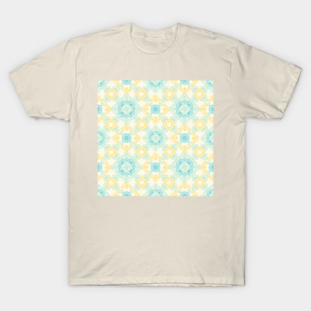 Yellow and blue granny squares over cream T-Shirt by marufemia